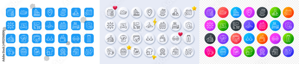 Buyer, Travel delay and Wallet line icons. Square, Gradient, Pin 3d buttons. AI, QA and map pin icons. Pack of Discounts ribbon, Sale bags, Discounts offer icon. Vector Buyer, Travel delay and Wallet line icons. Square, Gradient, Pin 3d buttons. AI, QA and map pin icons. Pack of Discounts ribbon, Sale bags, Discounts offer icon. Vector
