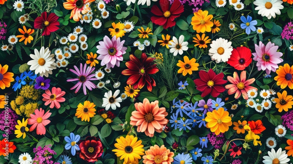 Bright seamless pattern of garden flowers in summer. Bright seamless pattern of garden flowers in summer.