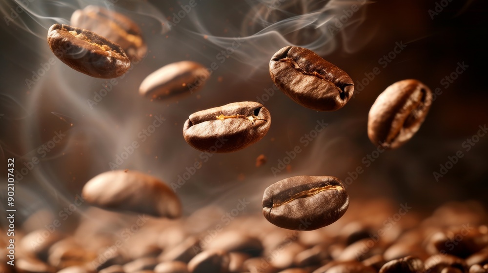 Close-up of flying roasted coffee beans with smoke, warm tones. Coffee aroma and freshness concept Close-up of flying roasted coffee beans with smoke, warm tones. Coffee aroma and freshness concept