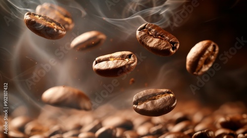 Close-up of flying roasted coffee beans with smoke, warm tones. Coffee aroma and freshness concept