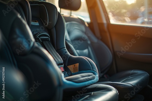 Empty child's car seat in a parked car. © Syazays