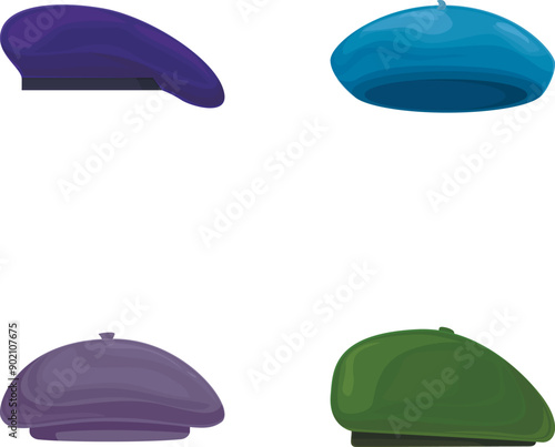 Vector illustration featuring four different colored beret hats, perfect for fashion design elements