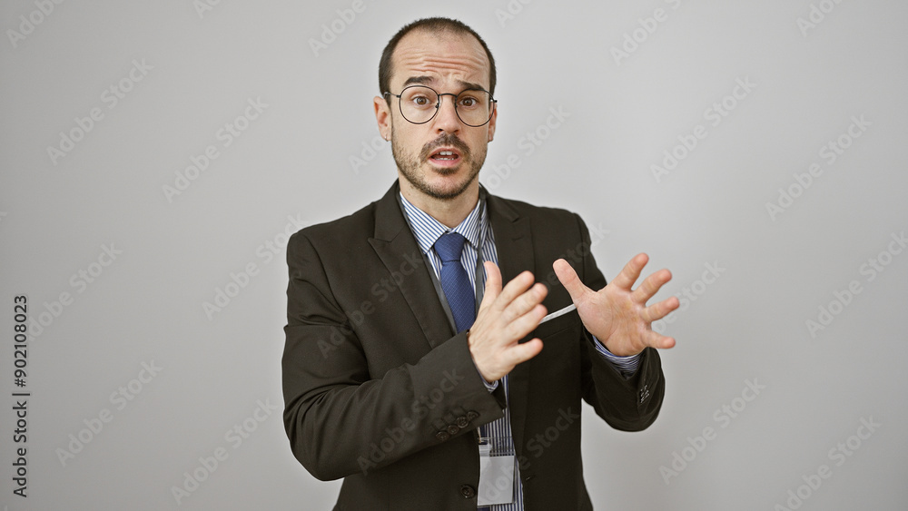 Hispanic businessman in suit gesturing against a white background expressing communication while looking professional Hispanic businessman in suit gesturing against a white background expressing communication while looking professional