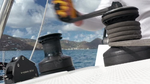 A Winch is Cranked Aboard a Catamaran - Sailing the British Virgin Islands