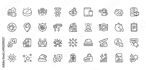 Santa hat, Co2 and Mobile devices line icons pack. AI, Question and Answer, Map pin icons. Verified locker, Paint roller, Passport warning web icon. Vector