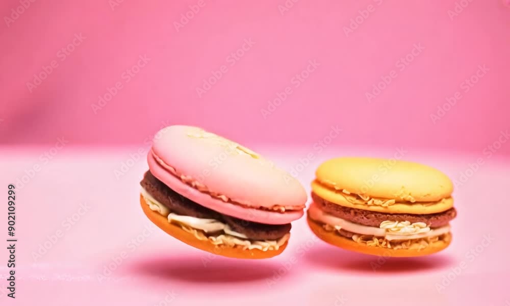 Sweet Flight: A pair of colorful macarons, one pink and one yellow, take a whimsical flight against a vibrant pink backdrop. Sweet Flight: A pair of colorful macarons, one pink and one yellow, take a whimsical flight against a vibrant pink backdrop.