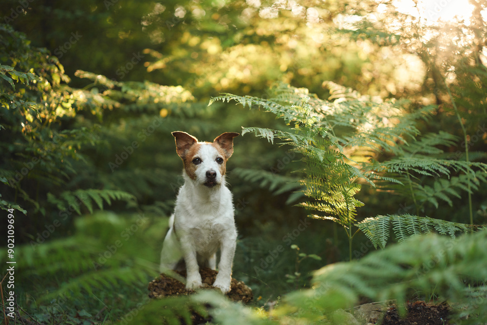 A Jack Russell Terrier dog stands on a tree stump surrounded by lush green ferns in a forest, looking directly at the camera A Jack Russell Terrier dog stands on a tree stump surrounded by lush green ferns in a forest, looking directly at the camera