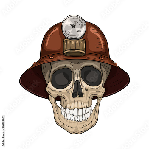 Skull in the miner helmet. Vector illustration