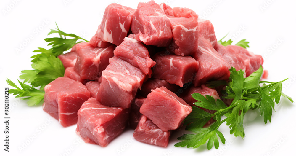 raw meat pieces, beef isolated, white background, red meat raw meat pieces, beef isolated, white background, red meat