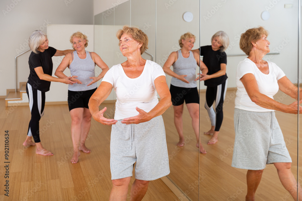 Obraz premium Active senior woman visiting choreography class with group of aged females, practicing classical ballet technique.