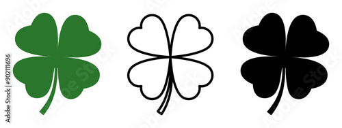 Four leaf clover flat vector icon set isolated on transparent background.