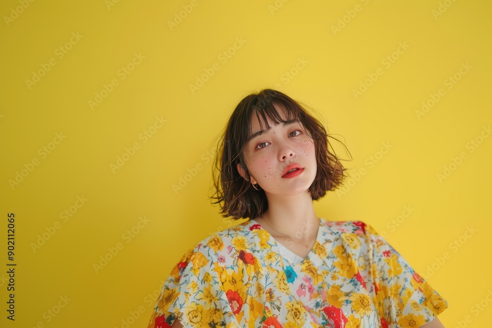 Portrait of a Woman in a Floral Dress Against a Bright Yellow Background. Generative AI. Portrait of a Woman in a Floral Dress Against a Bright Yellow Background. Generative AI.