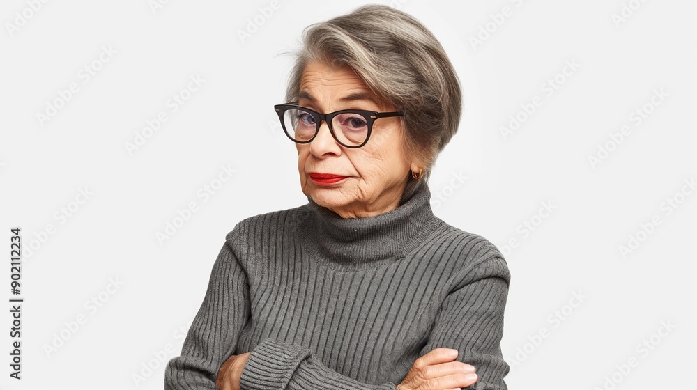 An older woman with gray hair and red lipstick stares intensely at the camera with a skeptical look on her face. An older woman with gray hair and red lipstick stares intensely at the camera with a skeptical look on her face.