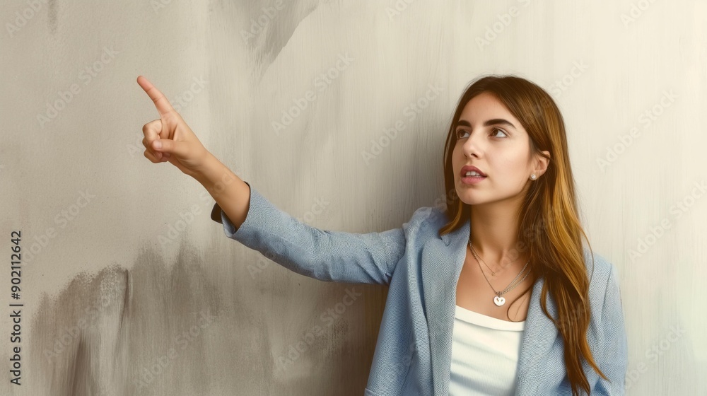 Young woman pointing towards something out of frame. Young woman pointing towards something out of frame.