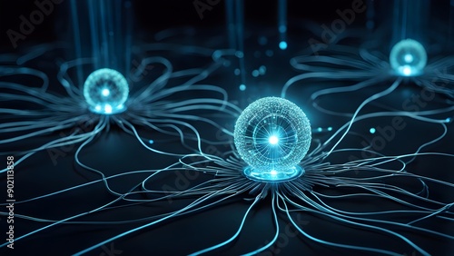 Three glowing spheres are connected by wires, creating a futuristic
