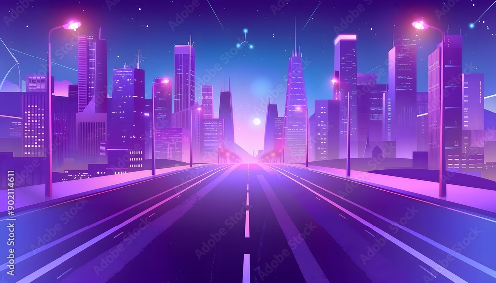 Futuristic city cyberpunk landscape, future, purple lights, modern buildings, night city Futuristic city cyberpunk landscape, future, purple lights, modern buildings, night city