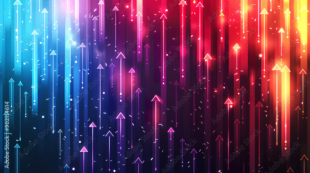 This abstract, wallpaper-like background shows colorful digital arrows pointing up, symbolizing growth, ideal as a best-seller for tech concepts This abstract, wallpaper-like background shows colorful digital arrows pointing up, symbolizing growth, ideal as a best-seller for tech concepts