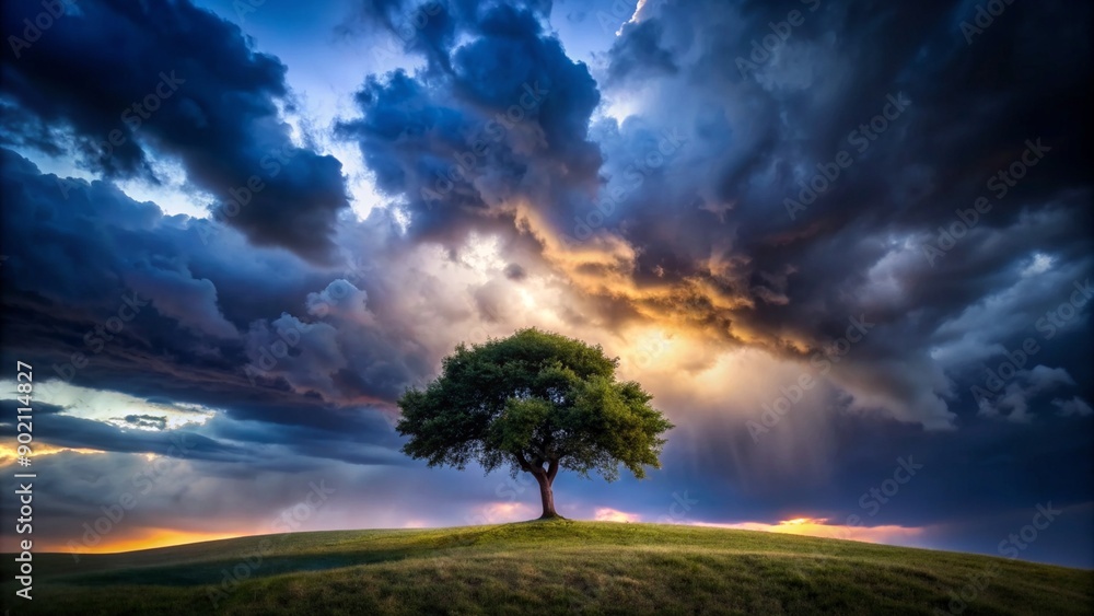 Obraz premium Solitary tree on a hill under a stormy sky at night, medium shot, weather, peaceful, solitude, tranquil, landscape, silhouette, isolated, branches, silhouette, gloomy, scenic, trees