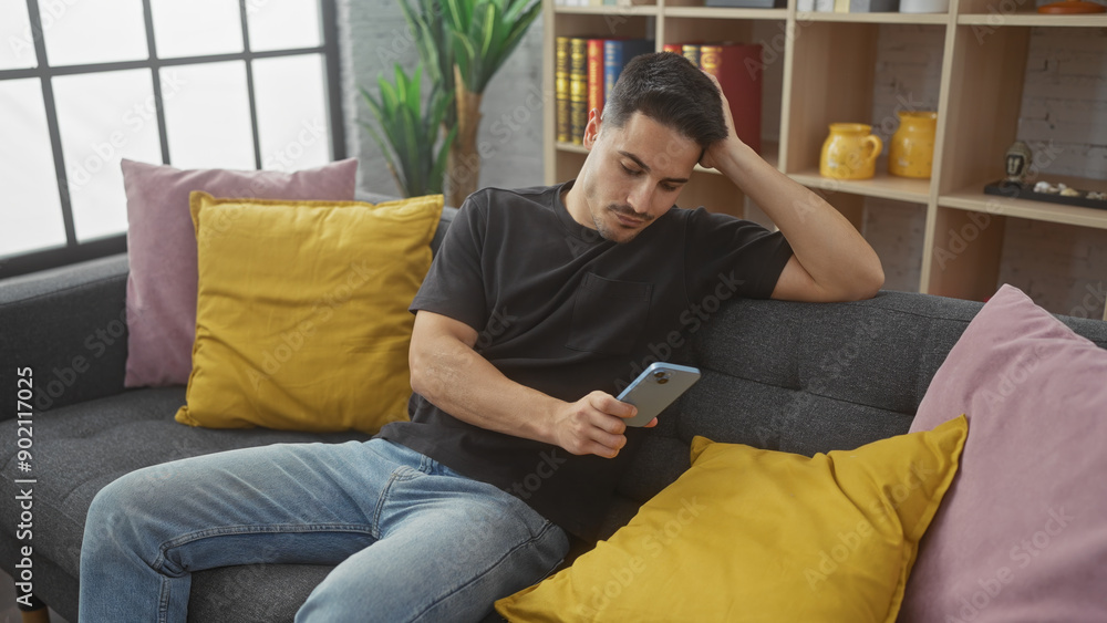 A contemplative young man with a beard using a smartphone while relaxing on a sofa in a cozy living room. A contemplative young man with a beard using a smartphone while relaxing on a sofa in a cozy living room.