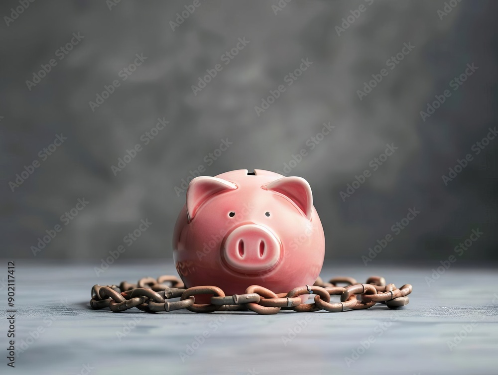 Heavy chain around a piggy bank, depicting financial debt constraint