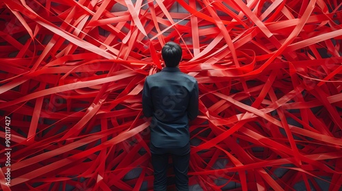 Man trapped in a web of red tape, representing bureaucratic debt issues