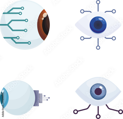 Collection of four stylish icons depicting various eye designs integrated with digital and electronic elements