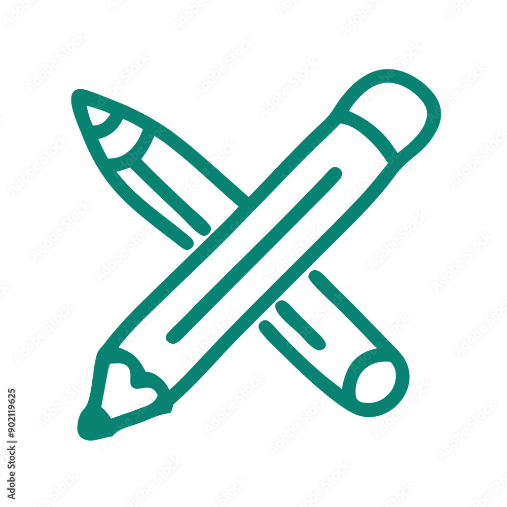 Crossed pencils, icon vector, simple line art, teal color, drawing and education concept Crossed pencils, icon vector, simple line art, teal color, drawing and education concept