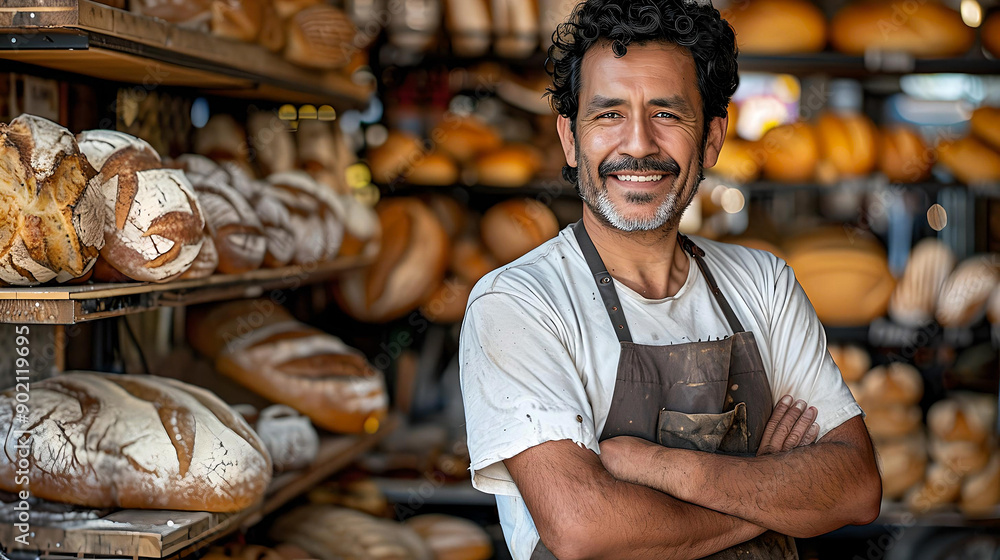 A smiling male baker stands in his artisan bakery, arms crossed, with shelves of freshly baked bread in the background. A smiling male baker stands in his artisan bakery, arms crossed, with shelves of freshly baked bread in the background.