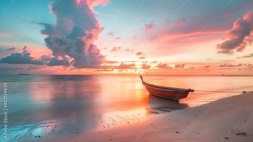 Beautiful scene of a boat by the shore with sunlight casting a warm glow. Perfect for themes of coastal serenity, nature, and relaxation Beautiful scene of a boat by the shore with sunlight casting a warm glow. Perfect for themes of coastal serenity, nature, and relaxation