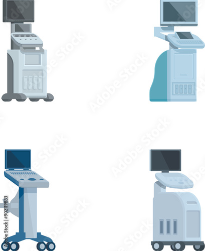 Collection of isolated ultrasound diagnostic equipment in various designs for healthcare use