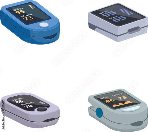 Illustration featuring various designs of pulse oximeters used for measuring oxygen saturation levels