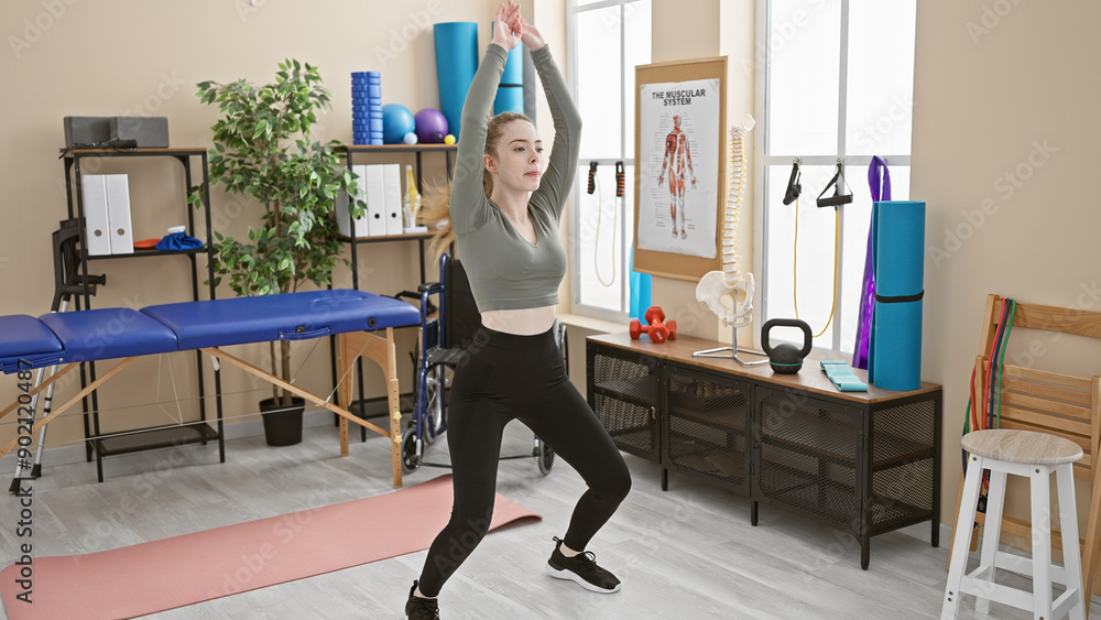 Young caucasian woman exercising in a bright rehab clinic with fitness equipment. Young caucasian woman exercising in a bright rehab clinic with fitness equipment.