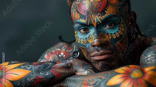 Tattooed model a full body tattoo posing in a professional photoshoot Detailed ink vibrant full body art photo