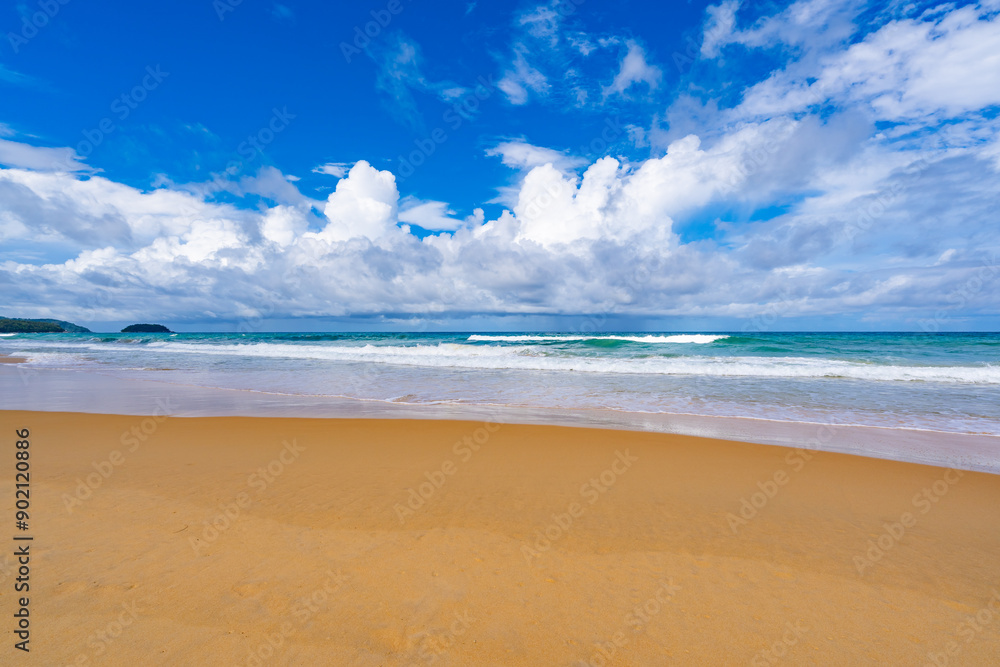 Empty tropical beach and seascape, Beautiful sandy beach and sea in sunny day,Blue sky in good weather day, Beach sea space area nature background