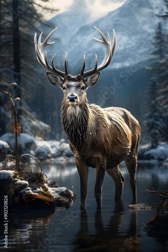 Majestic red deer stag in winter forest. Panoramic image. © Iman