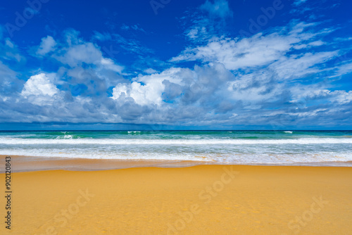 Empty tropical beach and seascape, Beautiful sandy beach and sea in sunny day,Blue sky in good weather day, Beach sea space area nature background