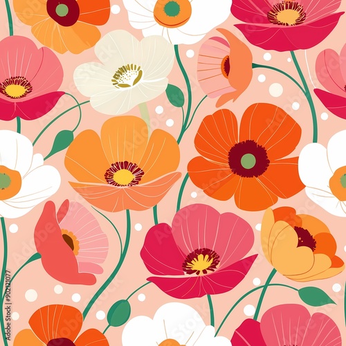 Colorful seamless pattern of Iceland poppies in vibrant hues