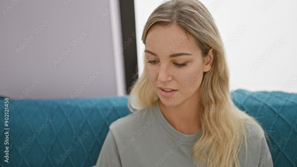 A pensive blonde woman in a casual shirt sits indoors, possibly in a living room, exuding a sense of everyday beauty and tranquility. A pensive blonde woman in a casual shirt sits indoors, possibly in a living room, exuding a sense of everyday beauty and tranquility.