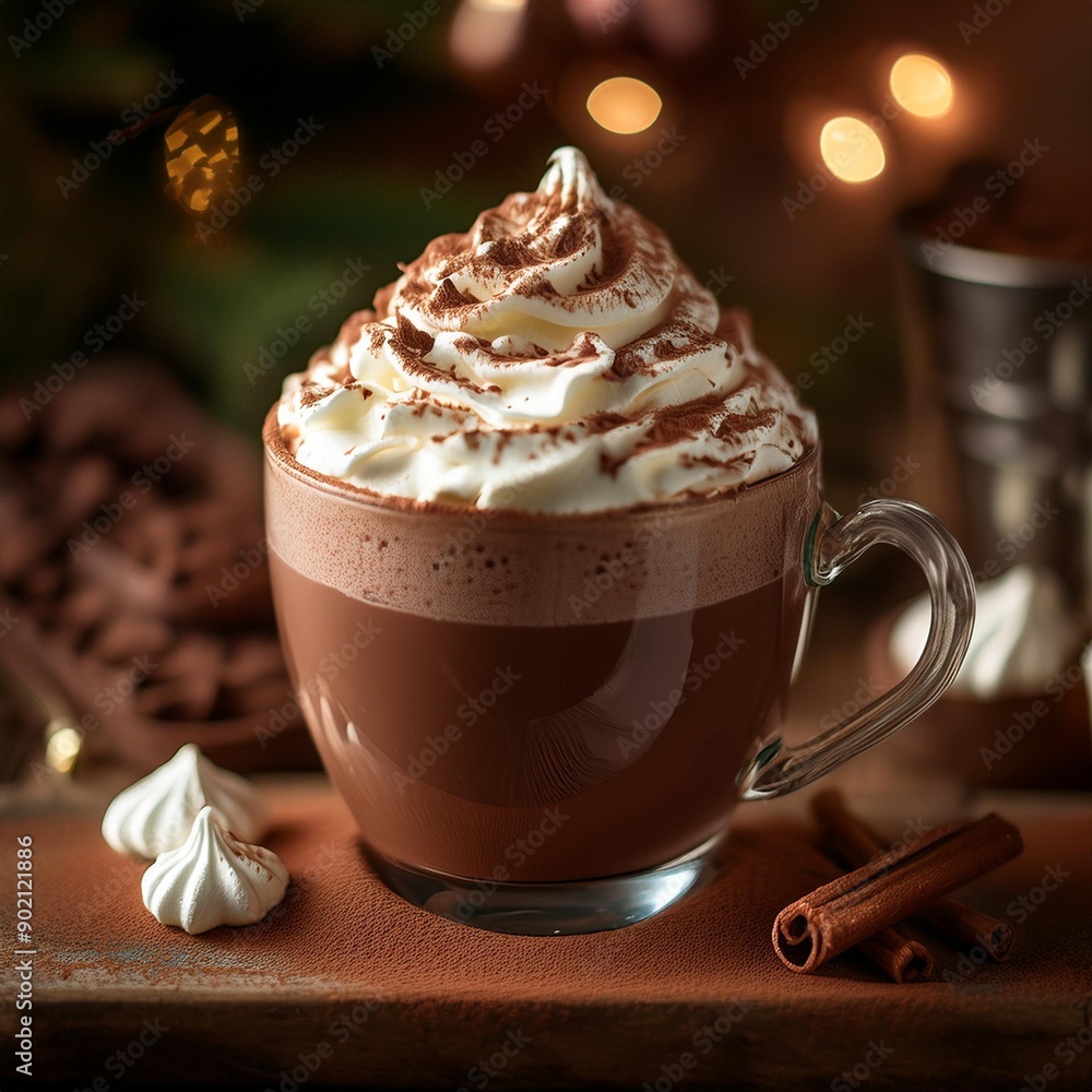 温かみのある部屋とたっぷりとホイップクリームを載せたホットココア、ホットチョコレート