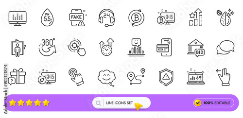 Ph neutral, Cursor and Music making line icons for web app. Pack of Sound check, Dirty water, Fake news pictogram icons. Online shopping, Shield, Bitcoin system signs. Consulting. Search bar. Vector