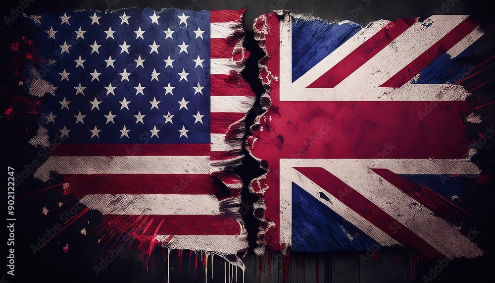 Obraz premium Torn Flags of the USA and UK Symbolizing Division