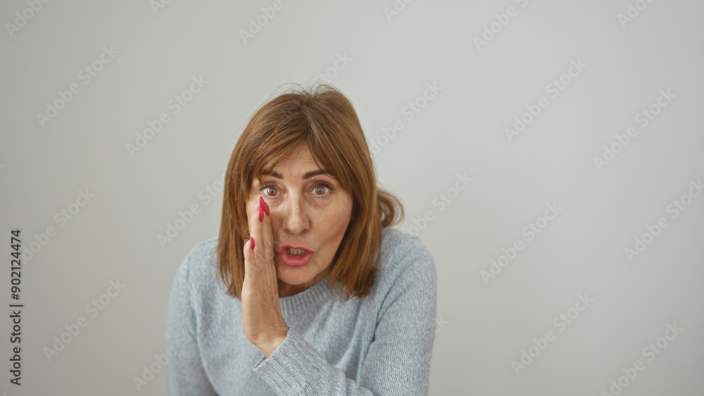 A middle-aged woman with short hair whispers a secret against an isolated white background. A middle-aged woman with short hair whispers a secret against an isolated white background.
