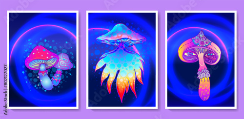 Retro futurism. Vintage 80s or 90s style background with magic mushrooms. Good design for textile t-shirt print design, flyer and poster. Futuristic vector illustration in bright neon colors.