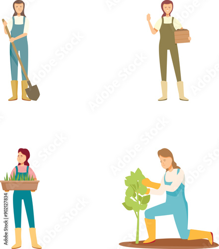 Collection of four vector illustrations showcasing a female farmer in various agricultural activities