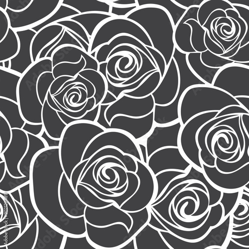 Floral seamless pattern with rose flowers contours. White rose contours on a gray background. Vector floral print