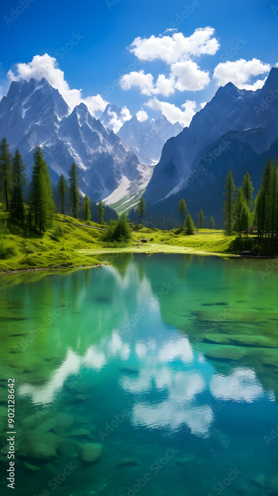 Epic Untouched Beauty: A Panoramic Landscape of a Tranquil Lake in a Mountainous Valley Epic Untouched Beauty: A Panoramic Landscape of a Tranquil Lake in a Mountainous Valley