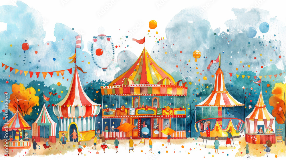 A painting of a carnival with many rides and people A painting of a carnival with many rides and people