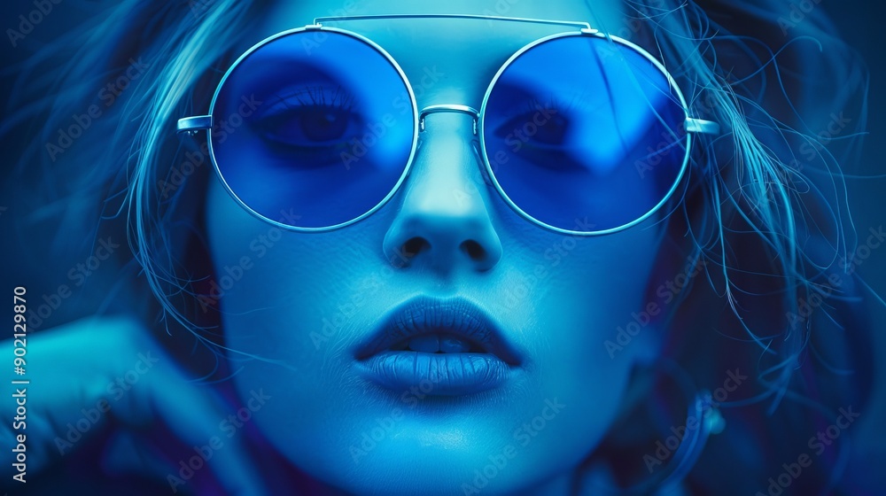 Closeup of woman with colorful blue sunglasses Closeup of woman with colorful blue sunglasses