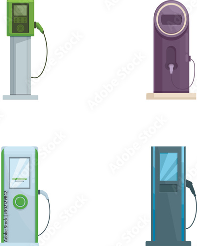 Illustration of four types of electric vehicle charging stations isolated on white background