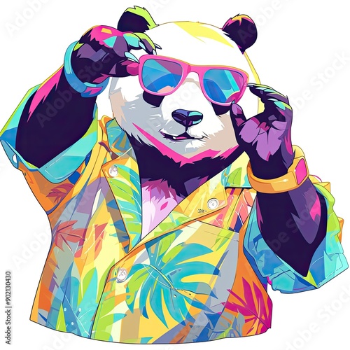Stylish panda wearing sunglasses and a jacket, posing with a cool attitude in vibrant colors